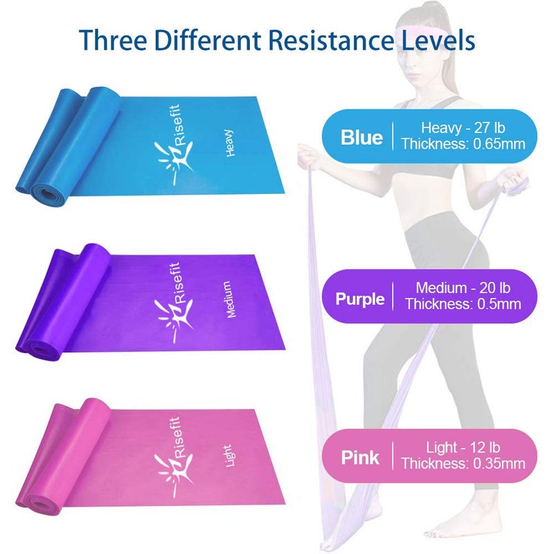 Risefit مجموعة أحزمة مقاومة مسطحة للعلاج، أحزمة مرنة مسطحة خالية من اللاتكس للتمدد، المرونة، البيلاتس، اليوغا، الباليه، الجمباز، إعادة التأهيل، التمرين، وردي، بنفسجي، أزرق (3 عبوات، 5 أقدام طول) - Image 3